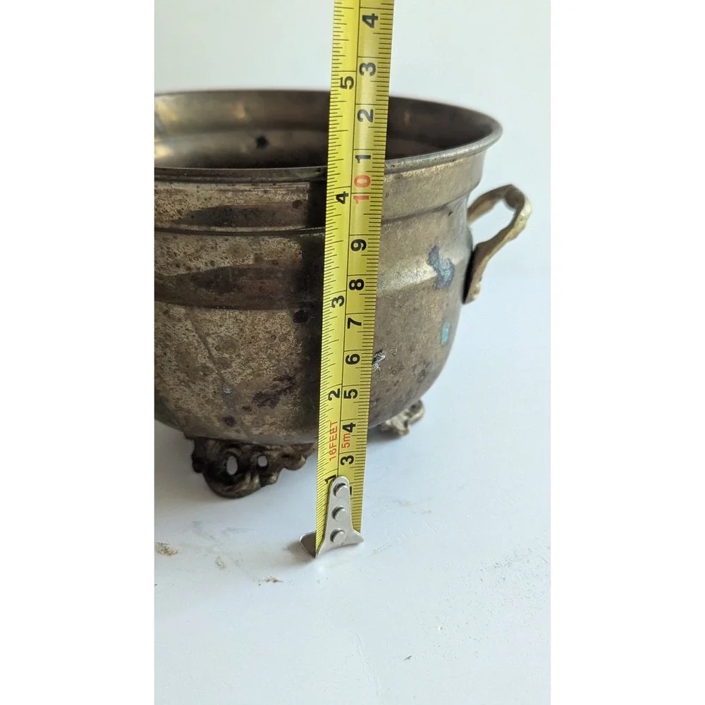 Vintage Hand Crafted Brass Footed Cauldron Planter Pot Handles Made in India